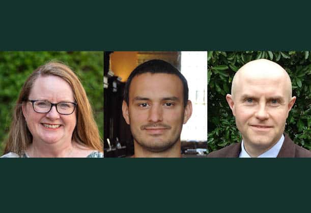 A graphic showing headshots of three people: Professor Claire Williams, Professor David Alonso and Professor Vlad Mykhnenko