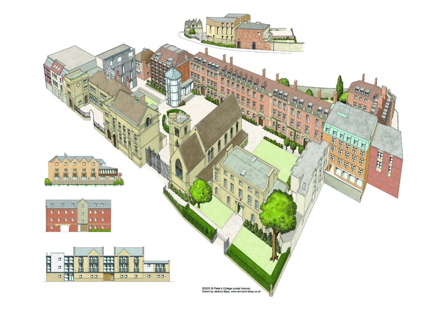A pictorial site plan of St Peter's College also showing annexe buildings