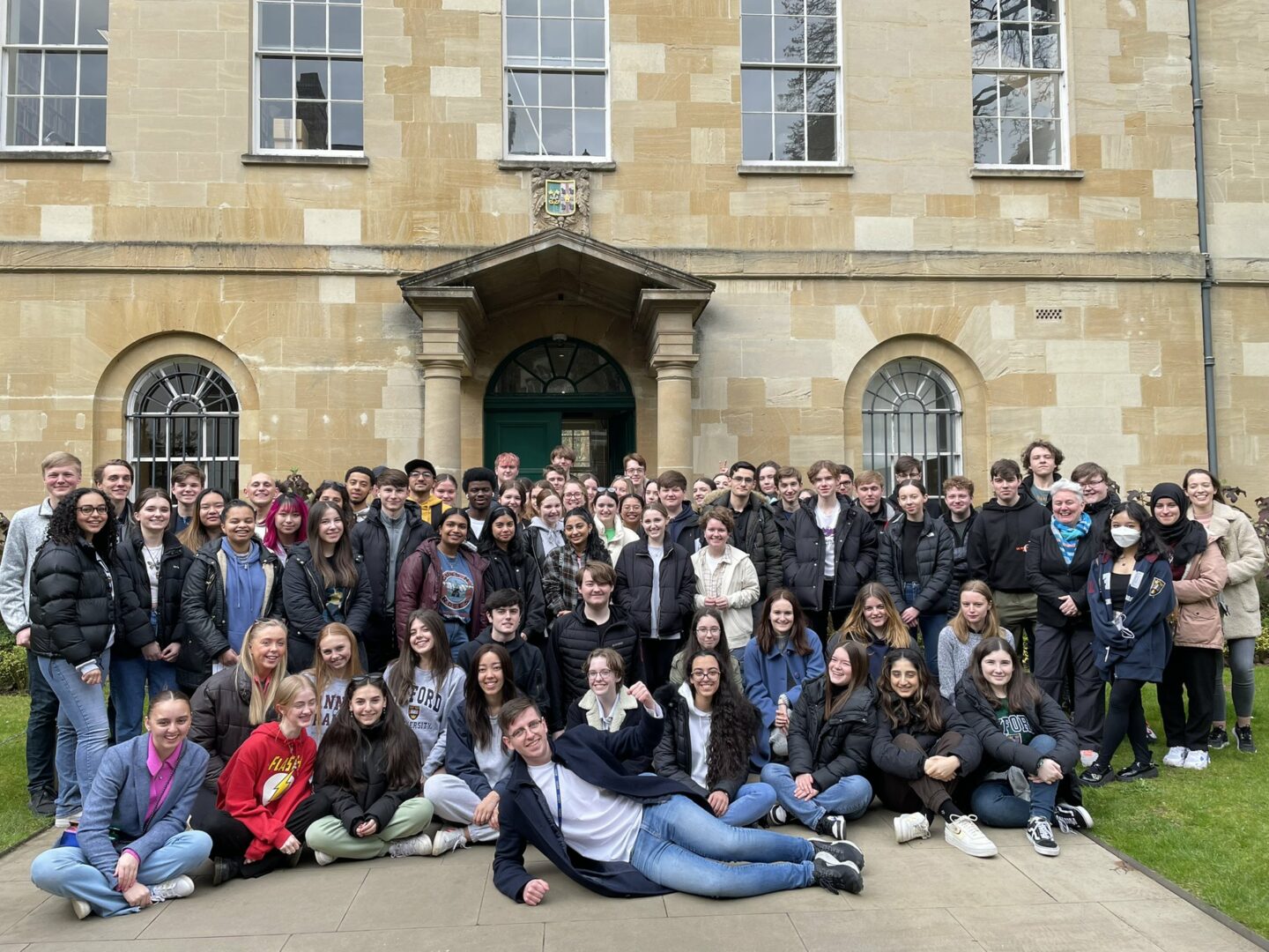 72 Students plus staff from Aspire Liverpool at St Peter's College in front of the Porters' Lodge