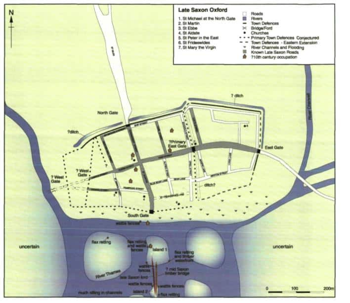 A map illustrating the site of the burh of Oxford in the tenth and eleventh centuries