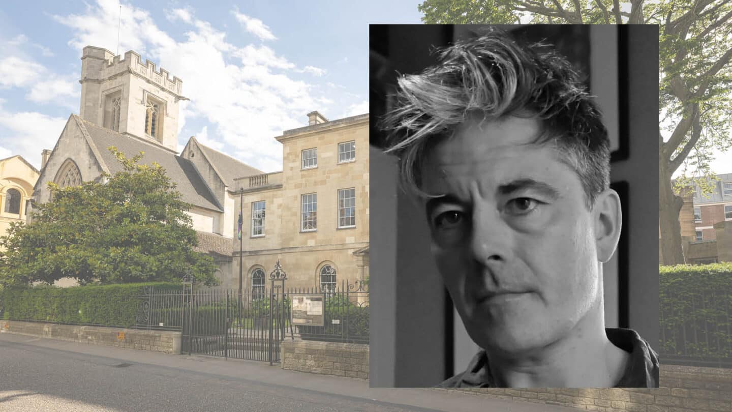 A black and white headshot of a man with a faded image of the St Peter's College Porters' Lodge and Chapel in the background.