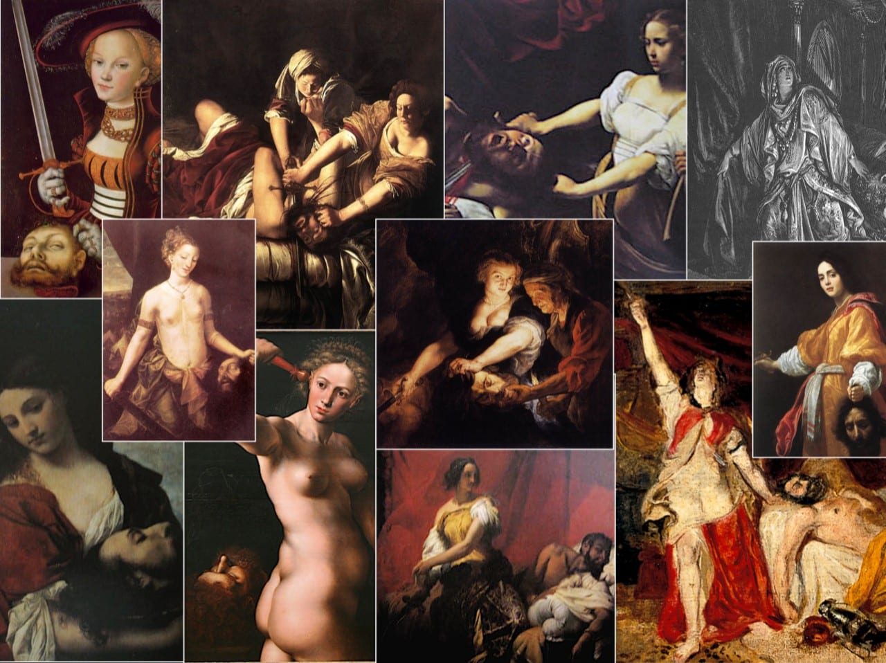 A collage of paintings representing the figure of Judith