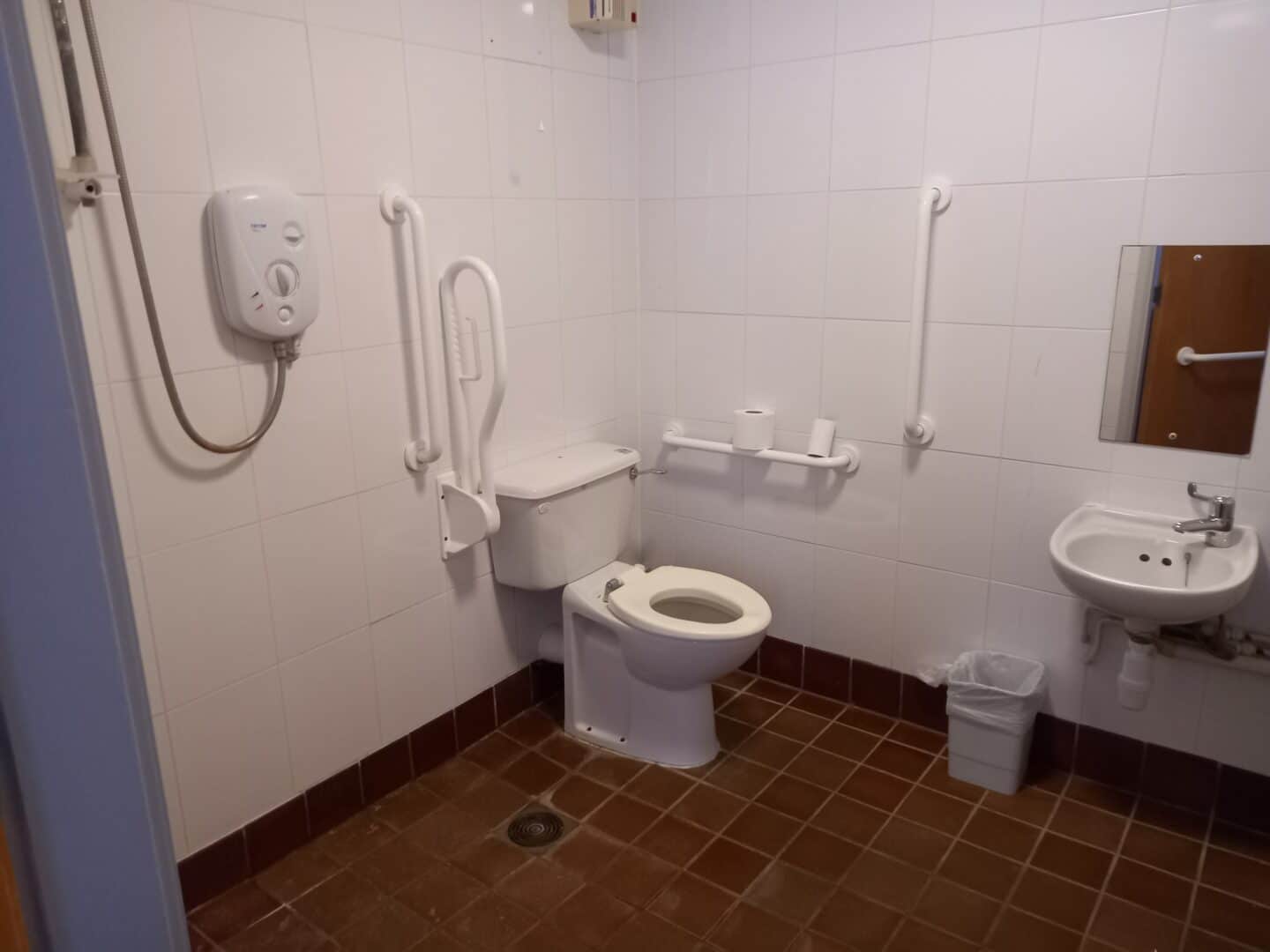 Bathroom with accessible toilet, shower and sink