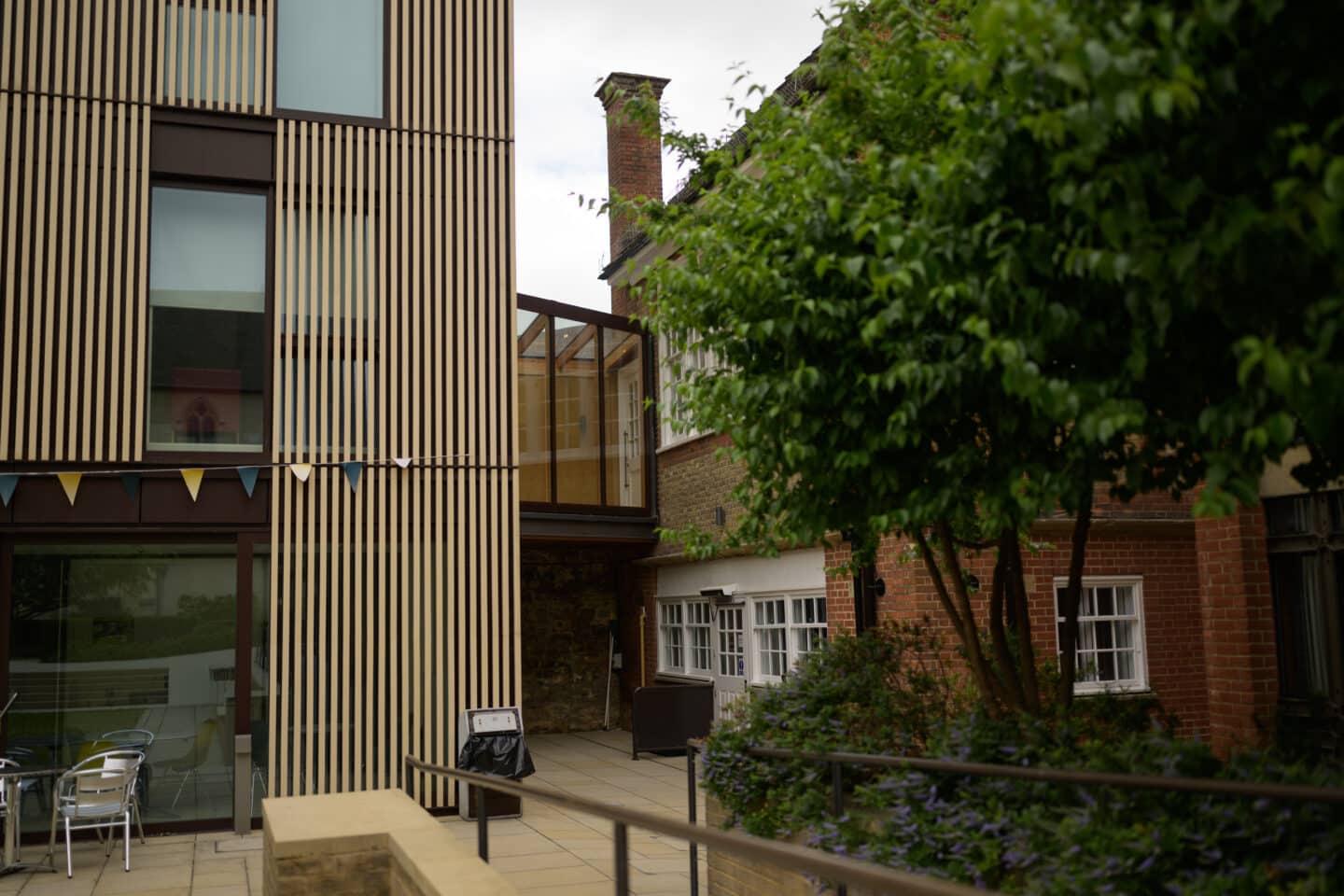 an elevated walkway connecting two buildings