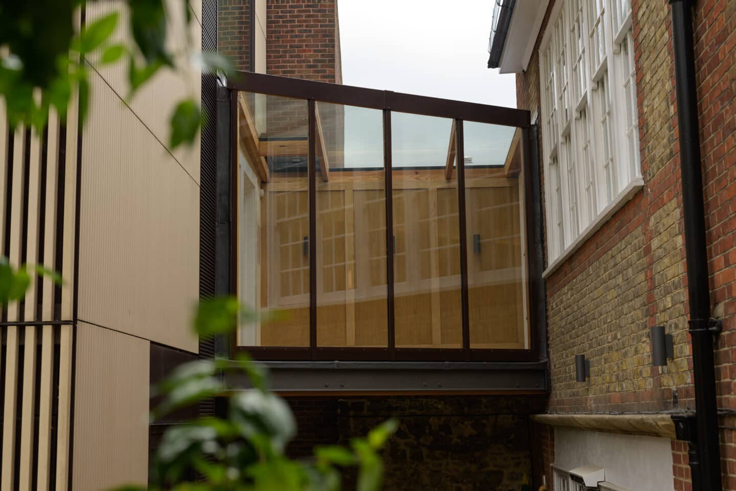 an elevated walkway connecting two buildings