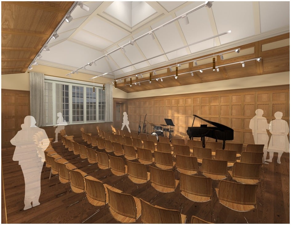 Architectural rendering of a wood-panneled room