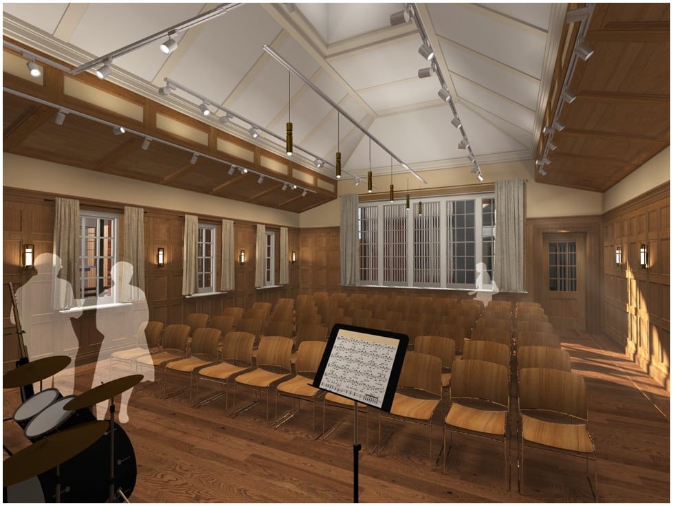 Architectural rendering of a wood-panneled room