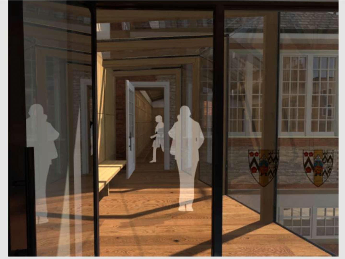 Architectural drawing of a glass-paneled walkway.
