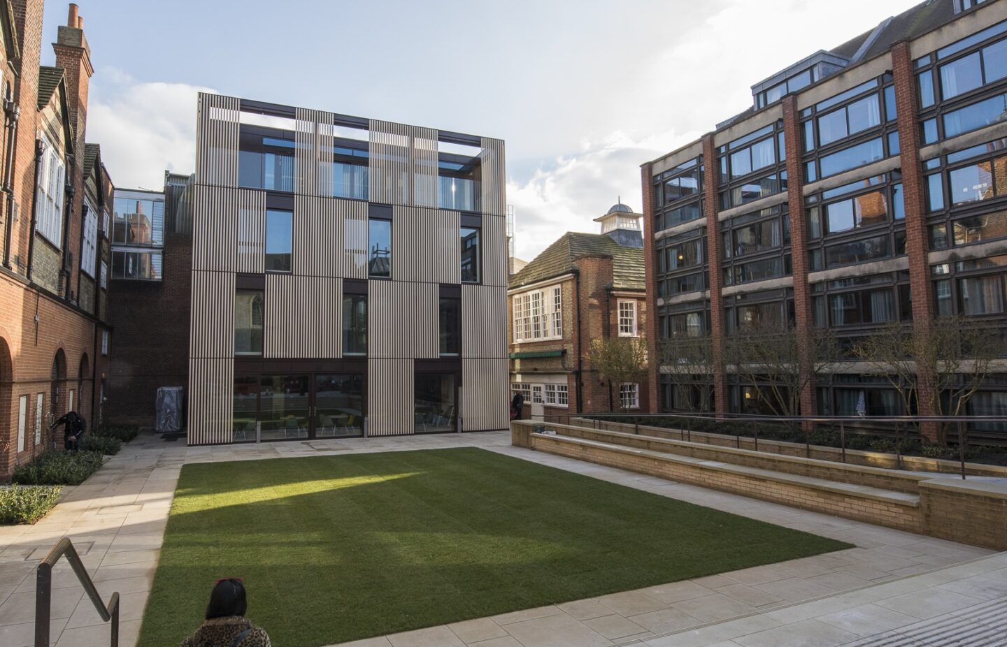 A view of a college quad, showing a variety of architectural styles