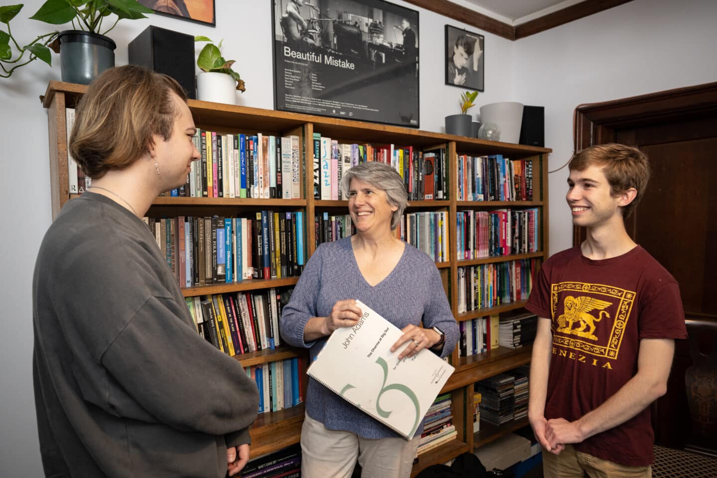 Prof Sarah Hill with two students