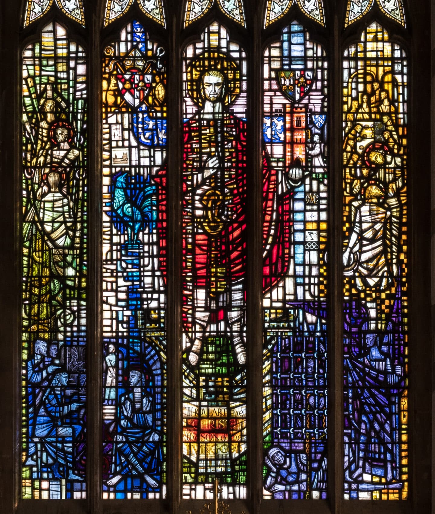 A five-paneled stained glass window