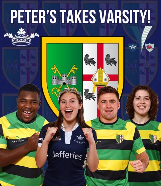 advertising graphic showing four rugby players, the St Peter's logo, and inscribed with the words 'Peter's takes varsity!'