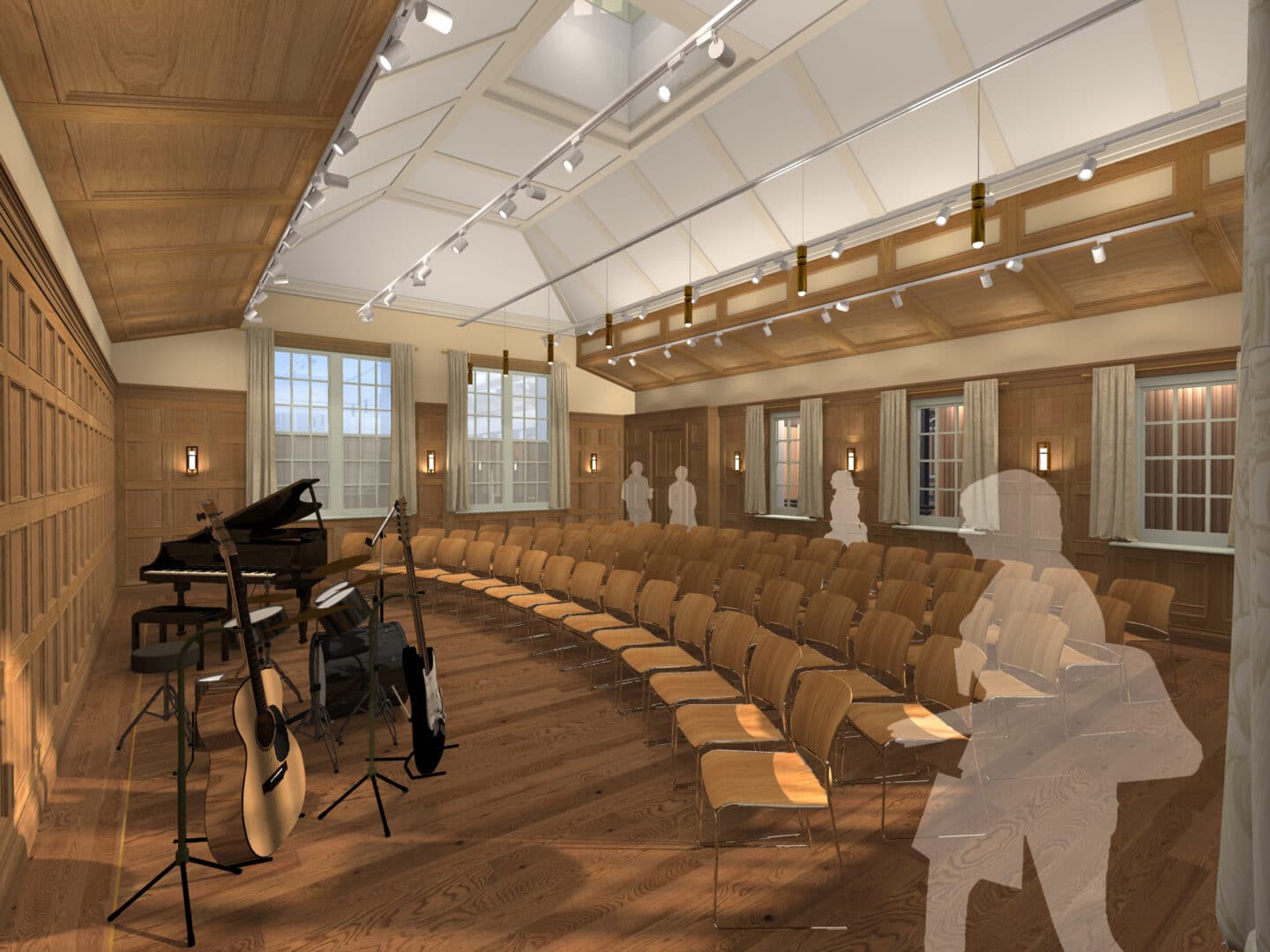 Architectural rendering of the interior of a wood-panelled music room