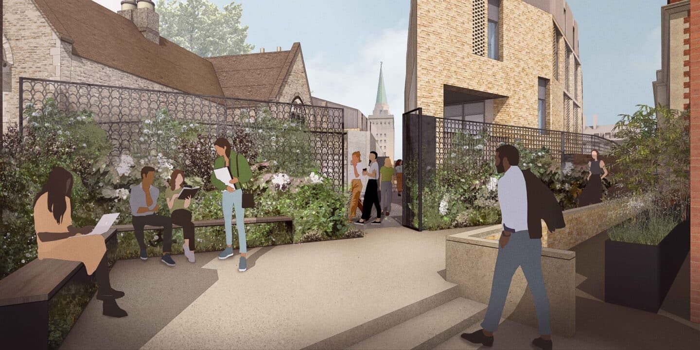 an architect's rendering of a small courtyard with a gate and garden