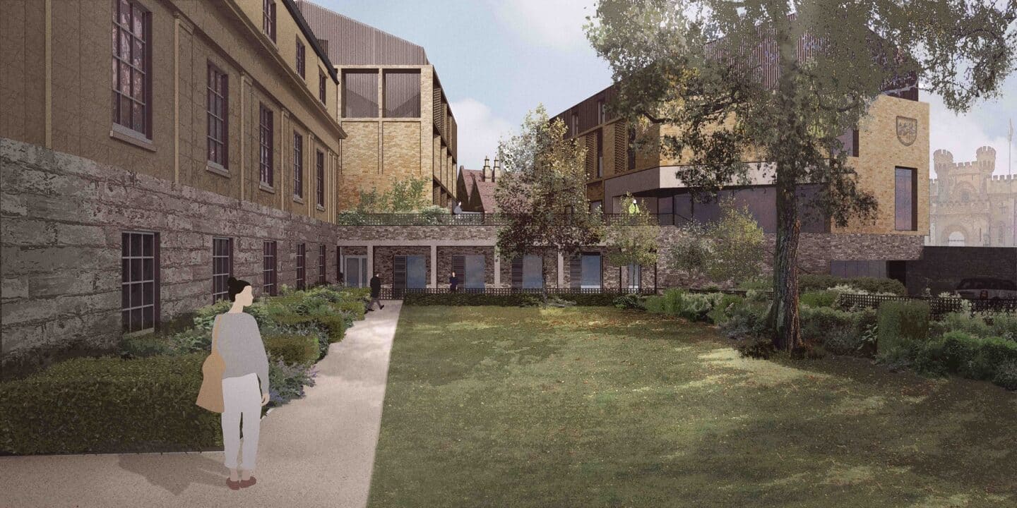 an architect's rendering of a garden beside three buildings