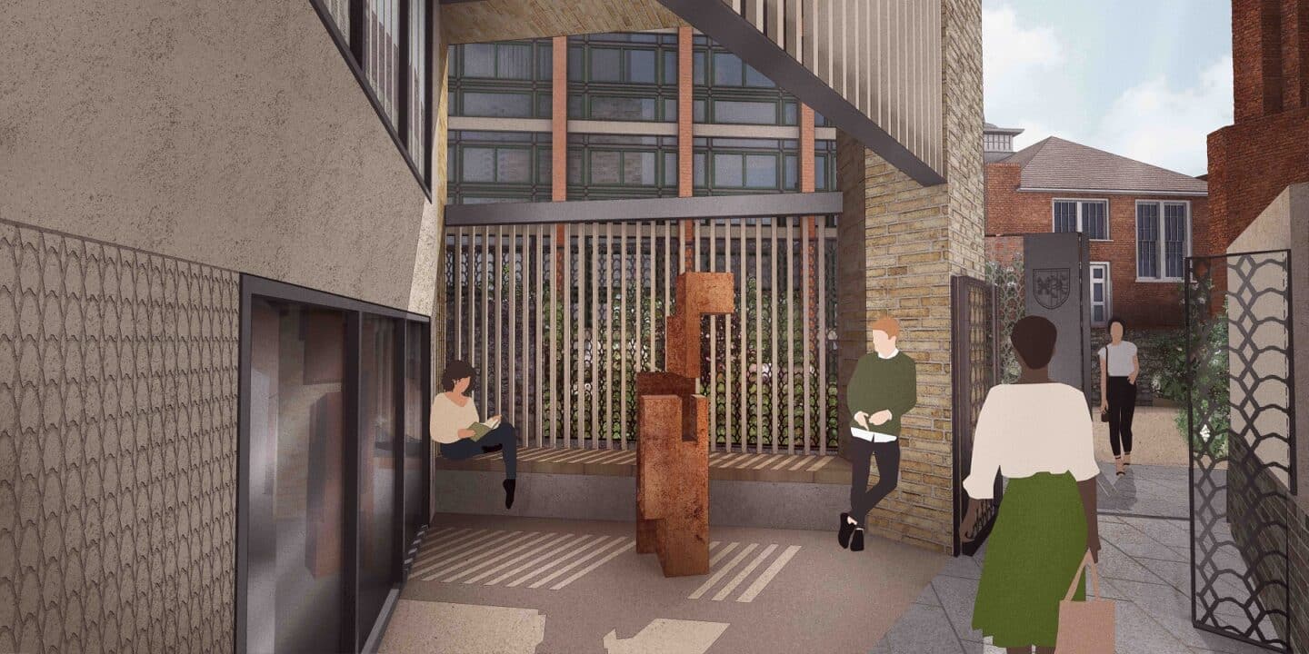 an architect's rendering of an outdoor space with a gate, a building, and a sculpture