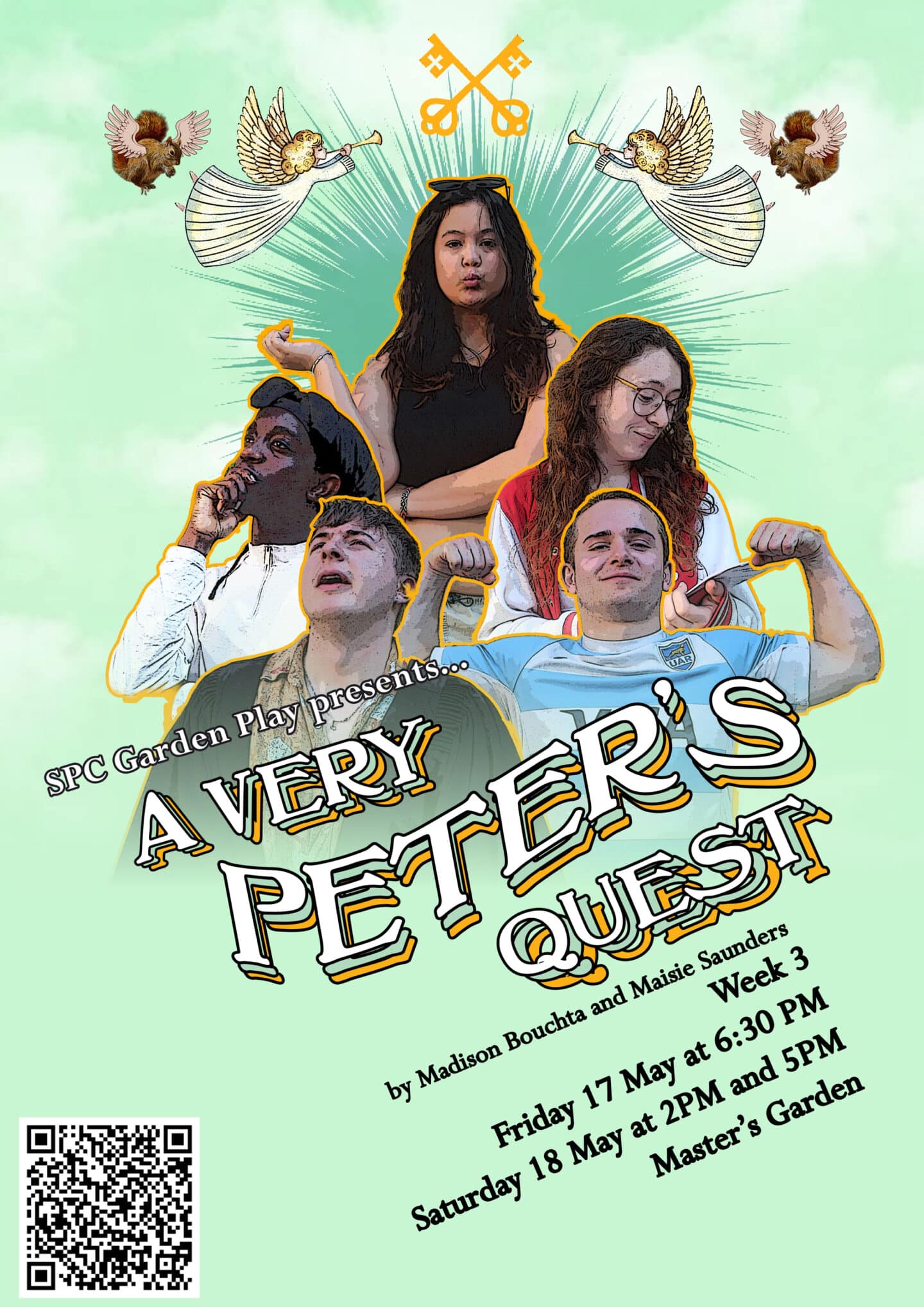 A poster showing collaged images of five people, with the text 'SPC Garden Play presents A Very Peter's Quest'