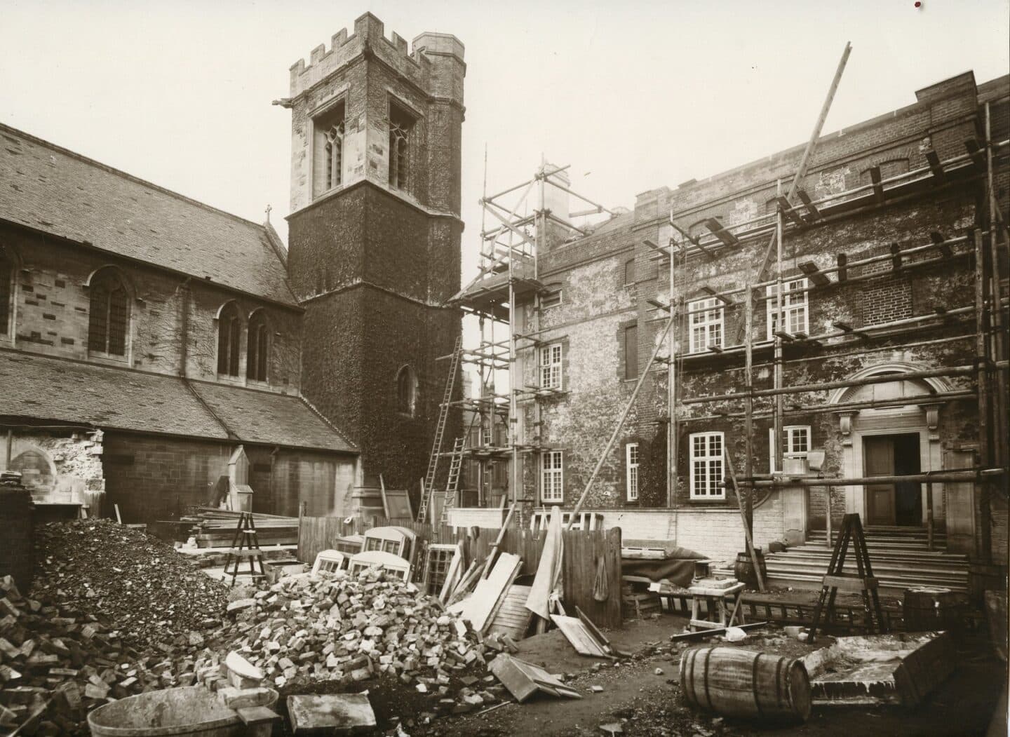 a vintage image of building construction